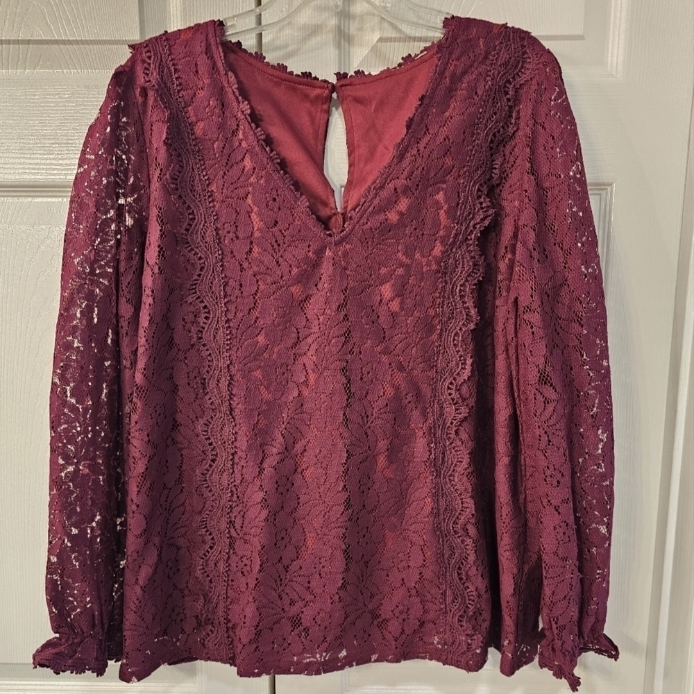 New Lacey Long Sleeved V-Neck Lined Cottagecore Blouse Maroon XL